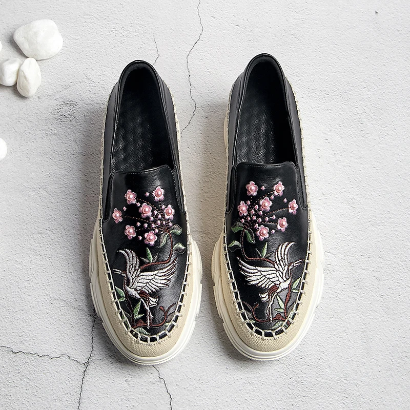 Zapatos Slip beige on Zapatillas Flores Estilo De Botas Plataforma Bordado Las Planos Mocasines Genuino Mujeres Cuero Deporte Black Chino Ocio Pisos XxqRpIU