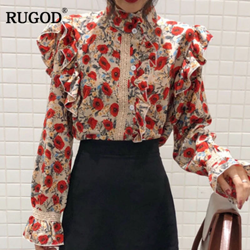 

RUGOD New Vintage Floral Print Blouse Women Fashion Ruffle Patchwork Long Flare Sleeve Shirt 2018 Autumn Tops Blusa Feminina
