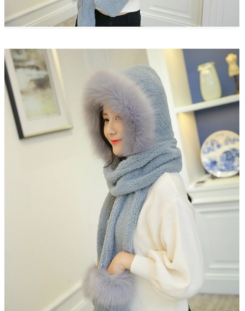 New Korean Version Of The Bib Hat Thick Warm Scarf Hat Gloves Three Pieces One Large Fur Collar Three-Piece Set For Women SN53 (15)