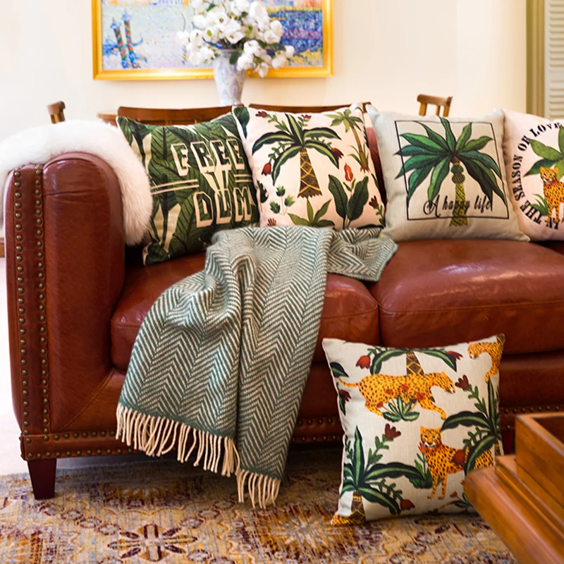 

Wholesales Pillow Cover Jungle Cushion Cover Green Natural Plam Tree Cotton Linen Home Decorective Cushion Case 43x43cm/53x53cm