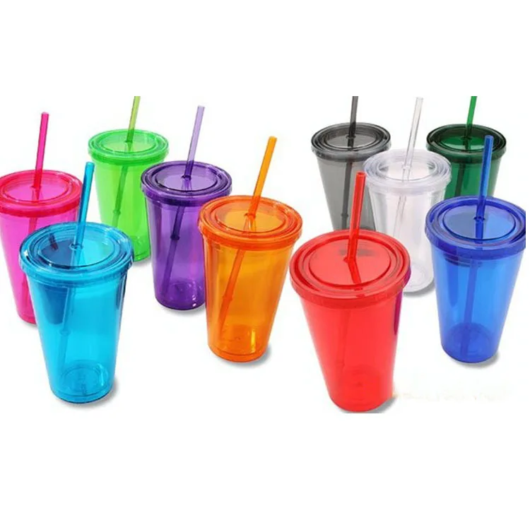 Buy Double Wall Plastic Tumblers With Lids Straws 16oz