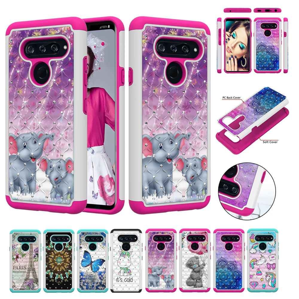 

Hard PC + Soft Silicone Case For LG V30 V40 Q K8 K10 k20 Q7 Plus Stylus X Stylo 4 Case 2 in 1 Diamond Bling Glitter Fashion Case