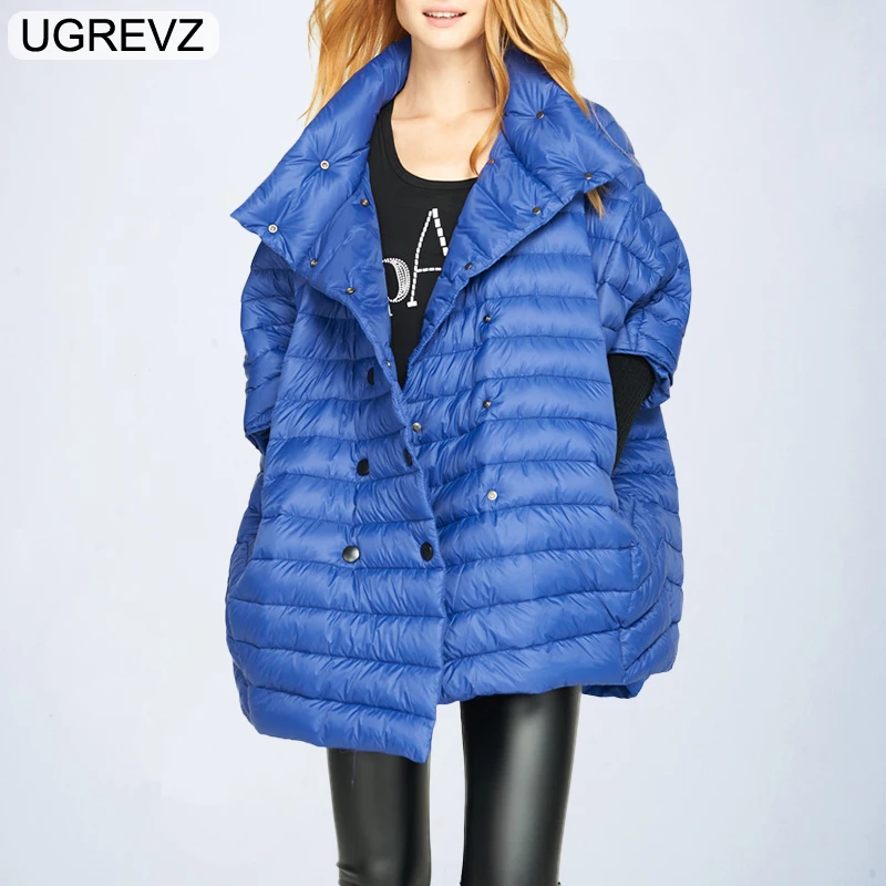 UGREVZ 2018 Ultra Light Down Parka Women Cloak Coat Loose Warm Fashion Knitting Spliced Bat Sleeve Solid Duck Down Jacket Female Coats