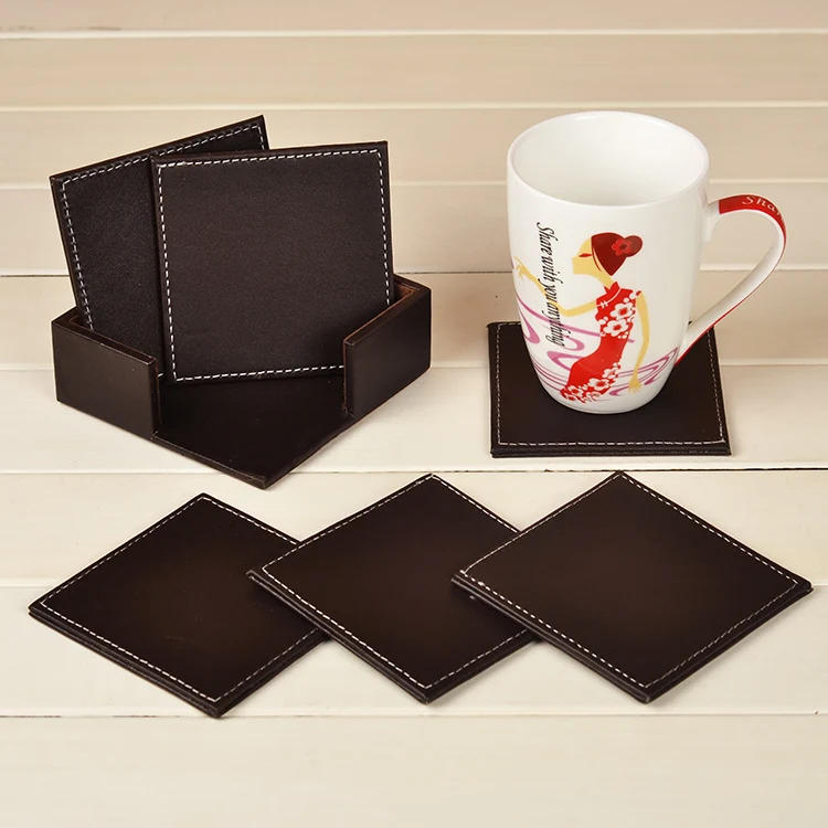 High Quality 6pcs/set Big Home Decor PU Leather Tea Coaster Cup Mats