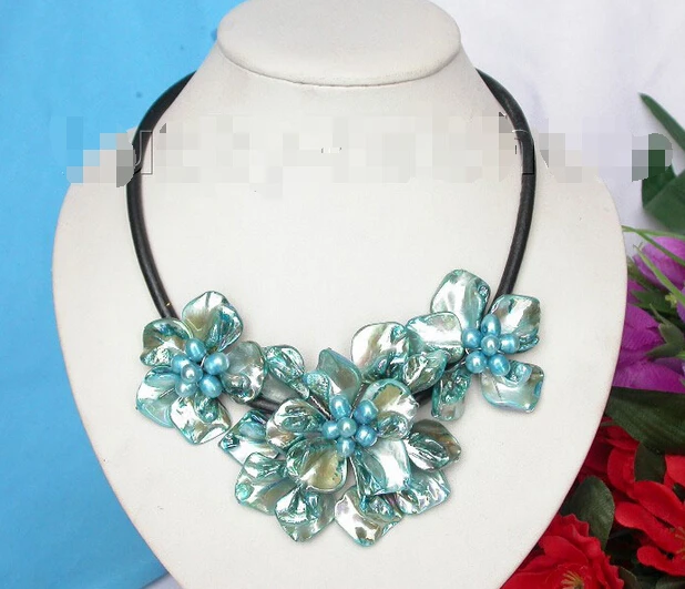 

baroque handcraft blue seashell pearls choker leather necklace j8162 @^Noble style Natural Fine jewe FREE SHIPPING