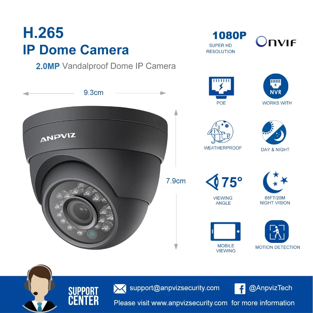 Anpviz 1080 P башни PoE IP камера водонепроницаемая HD 2MP в помещении/на открытом воздухе сети видео, для наблюдения, безопасности, CCTV, Камера H.265 ИК P2P