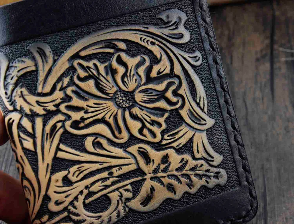 Винтажный роскошный ручной работы резной цветок ТОТТО натуральная кожа кошелек черный