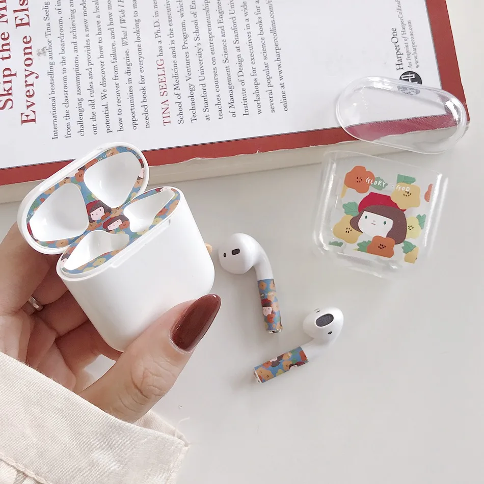 

For AirPods 1/2 Case Cartoon Pattern Soft TPU Silicone Case + Earphone Dustproof Sticker + Headset Sticker For Apple Airpods 2
