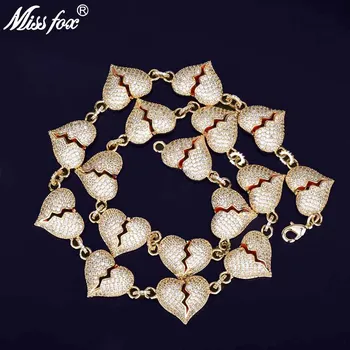 

MISSFOX HIP Hop Men's Broken Heart Personalized Necklace 24K Gold Plated AAA Cubic Zirconia Cuban Iced Out Necklace 24"
