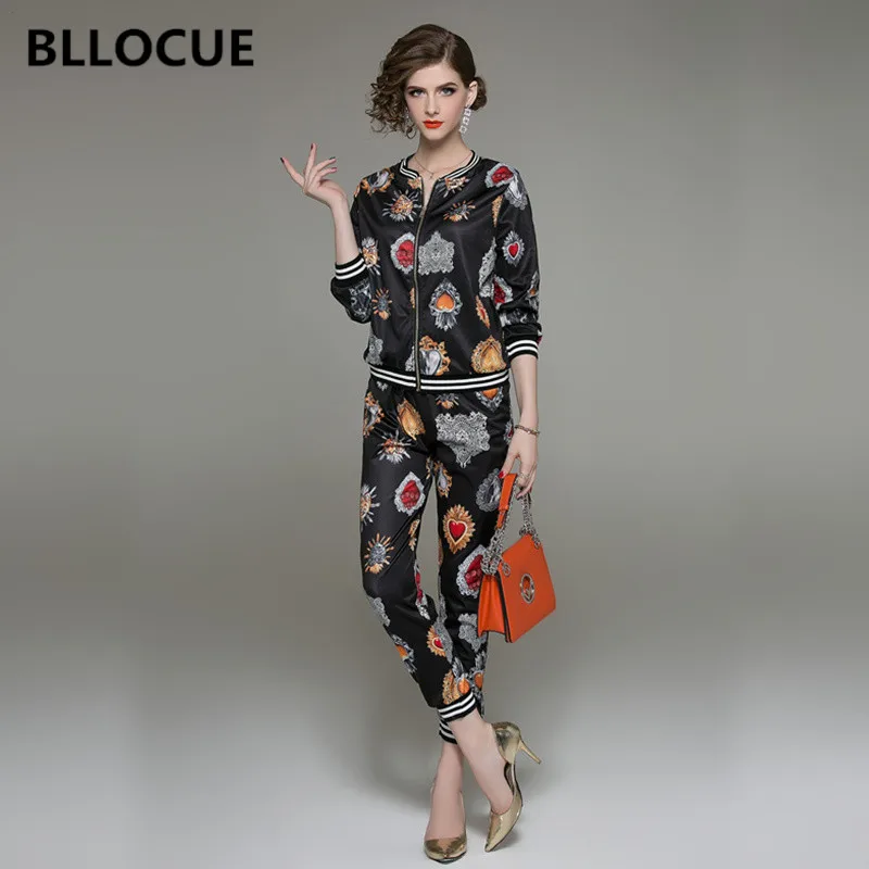 

BLLOCUE Spring Autumn Women Two Piece Sets Print Long Sleeve Jacket Coat +Elastic Waist Pencil Pants Elegant Casual Street Fashi