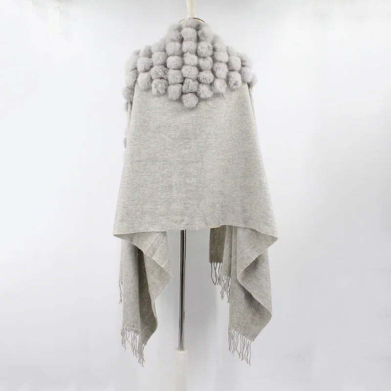 100% sheep fur cashmere shawl with real rabbit fur balls (18)