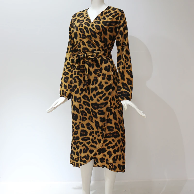 Повседневное леопардовое платье с длинным рукавом весна осень винтажное женское платье с животным принтом с v-образным вырезом Длинное Макси платье для вечеринок