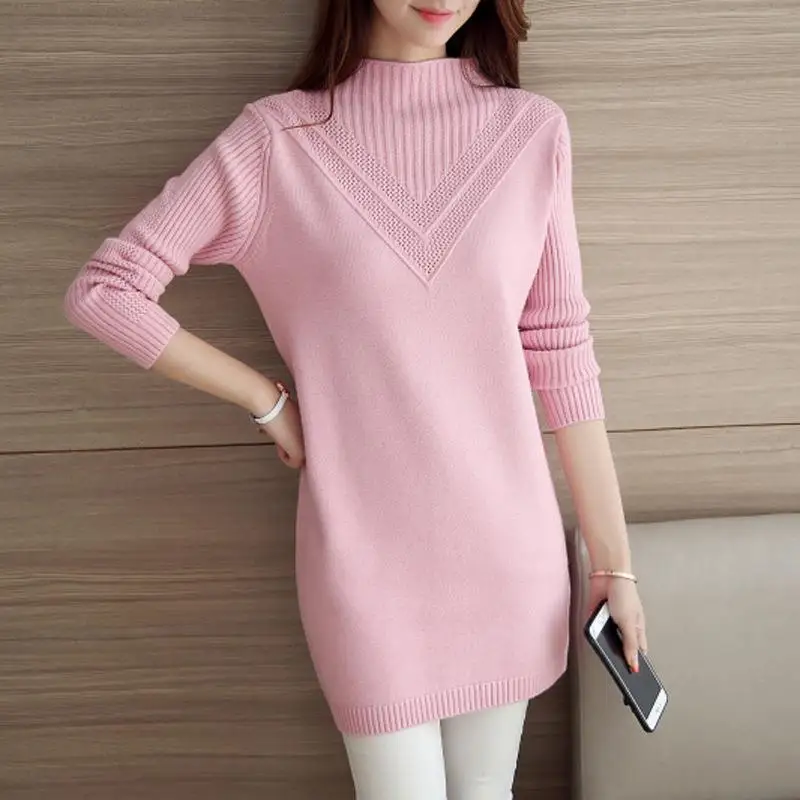 Осень зима женские пуловеры свитер вязаный эластичный Повседневный джемпер модный тонкий водолазка теплые женские свитера - Цвет: Розовый