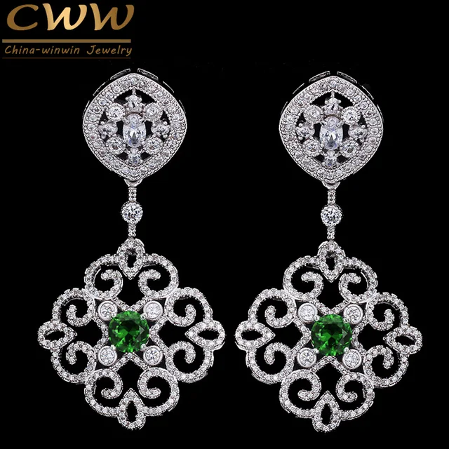 Cwwzircons 2018 New Arrival Vintage Cubic Zirconia Long Drop Bridal Cwwzircons 2018 New Arrival Vintage Cubic Zirconia Long Drop Bridal Wedding Earrings With Green Stones