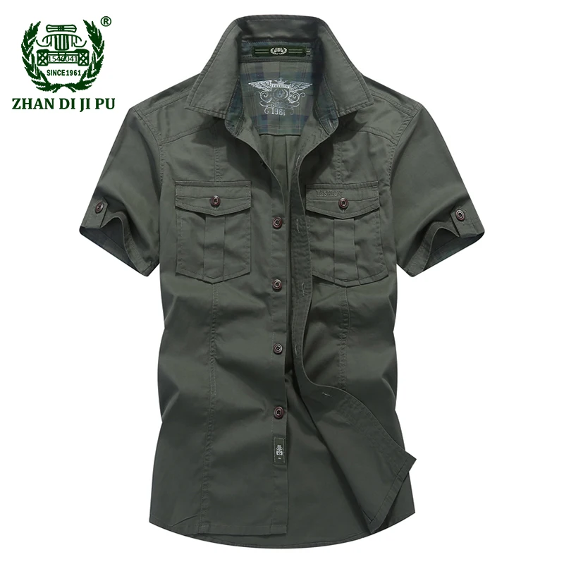 

NEW 2018 Summer men's casual brand army green short sleeve shirt man 100% pure cotton afs jeep khaki shirts male dark blue tops