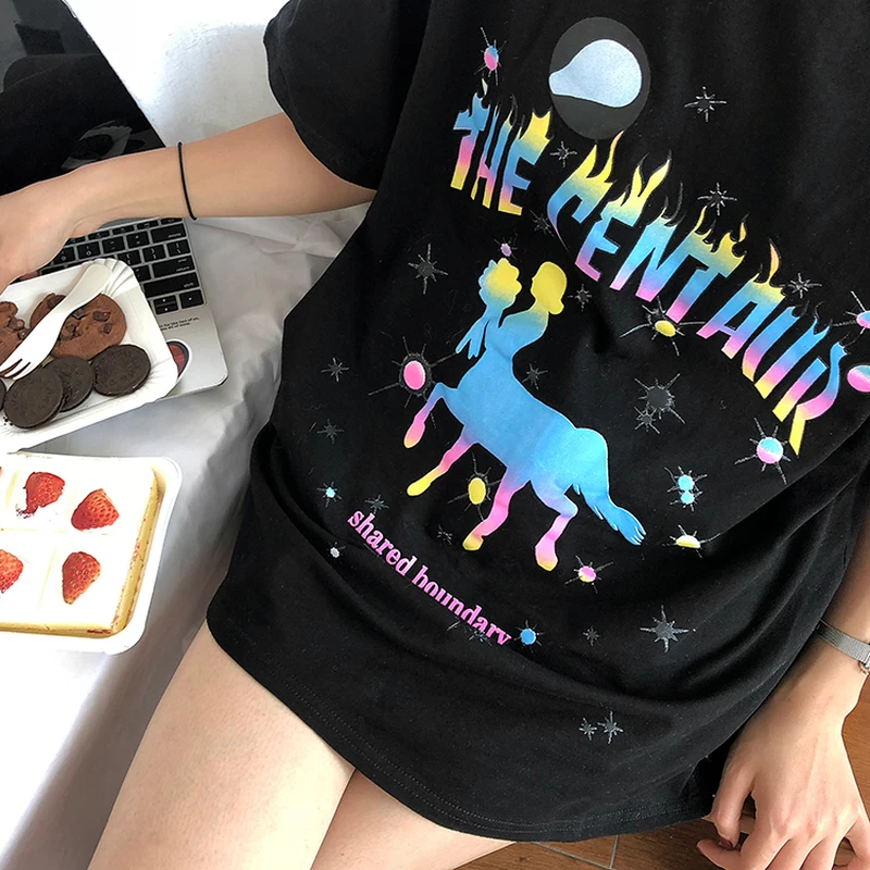 Harajuku Для женщин Летняя футболка корейский Стиль Фэнтези Звездное Horse