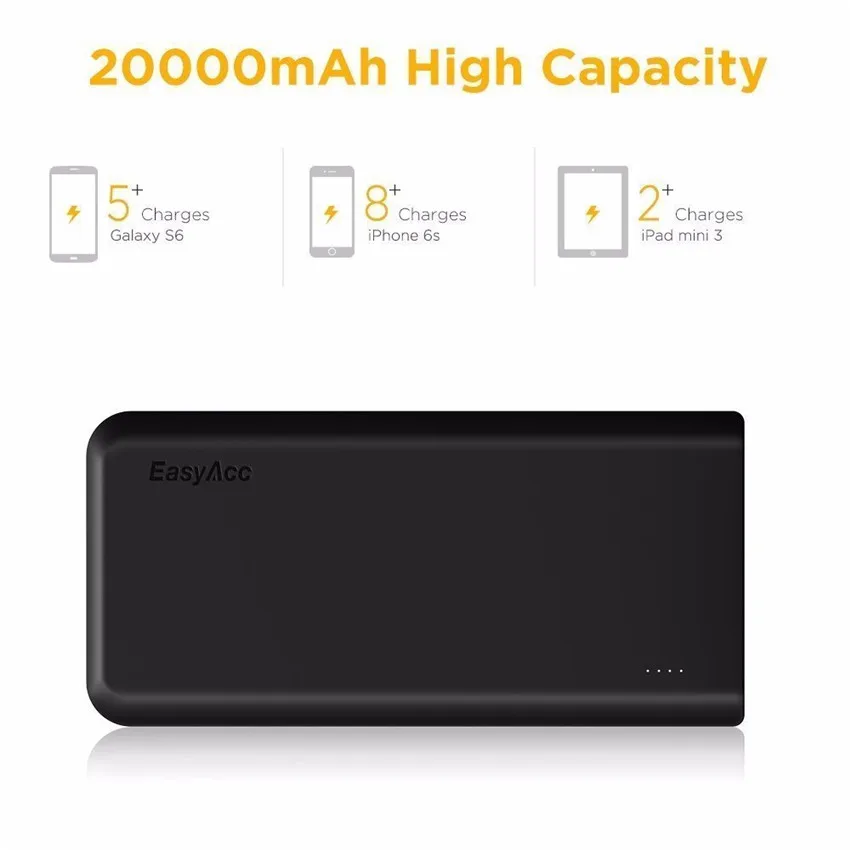 20000 мАч Внешний аккумулятор, Easyacc 18650 Внешний аккумулятор с фонариками и 4 двумя usb-портами зарядное устройство для iPhone X 8 7 samsung Xiaomi