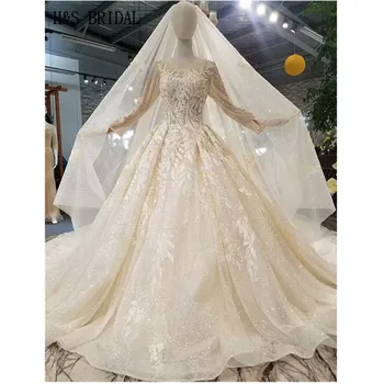 شراءفساتين زفاف من H & S BRIDAL Vestido De Novia 2020 طويلة الأكمام فساتين زفاف فاخرة مشرقة مع الحجاب Trouwjurk