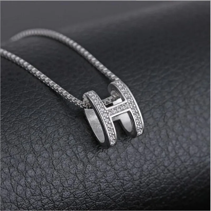 

925 Sterling Silver Zircon Does Not Fade H Letter Necklace Female Japan Korea Clavicle Chain Simple Short Pendants H66