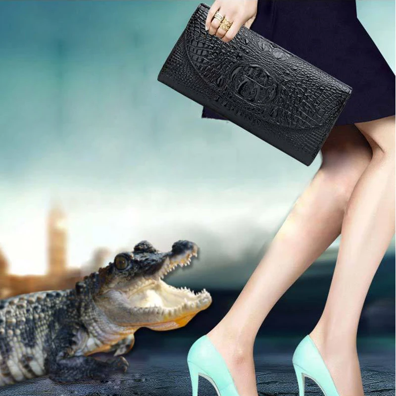 

Fashion Woman Genuine Leather Crocodile Texture Day Clutches Solid Color Lady Travel Chain Cow Leather Shoulder Messenger Bag