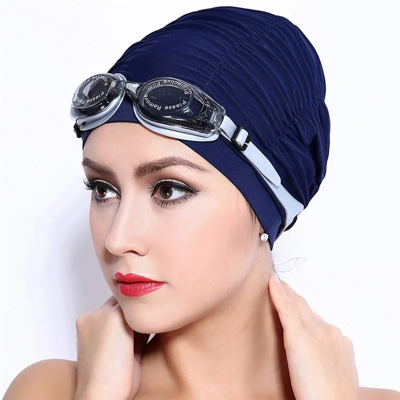 

Swimming Caps Long Hair Swim Cap Pleated Cloth Fabric Bathing Hats Lycra Beanie Hat for Adult Men Women