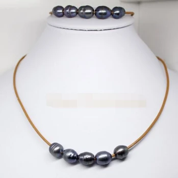 

free shipping $wholesale_jewelry_wig$ set real black pearl stone handmade brown leather bracelet pendant necklace 18"