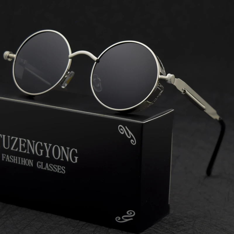 Beli Klasik Gothic Steampunk Kacamata Terpolarisasi Pria Wanita Merek Desain Vintage Bingkai Logam Bulat Matahari Kacamata Berkualitas UV400