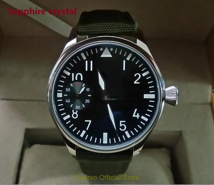 

Sapphire crystal 44mm GEERVO black dial Asian 6497 17 jewels Mechanical Hand Wind movement men's watch green luminous 111A