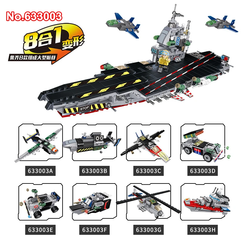 

DIY 725pcs 8in1 Military Nuclear Power Carrier Model Building Blocks War Helicopter Fighter Warship Bricks Toy For Children Gift