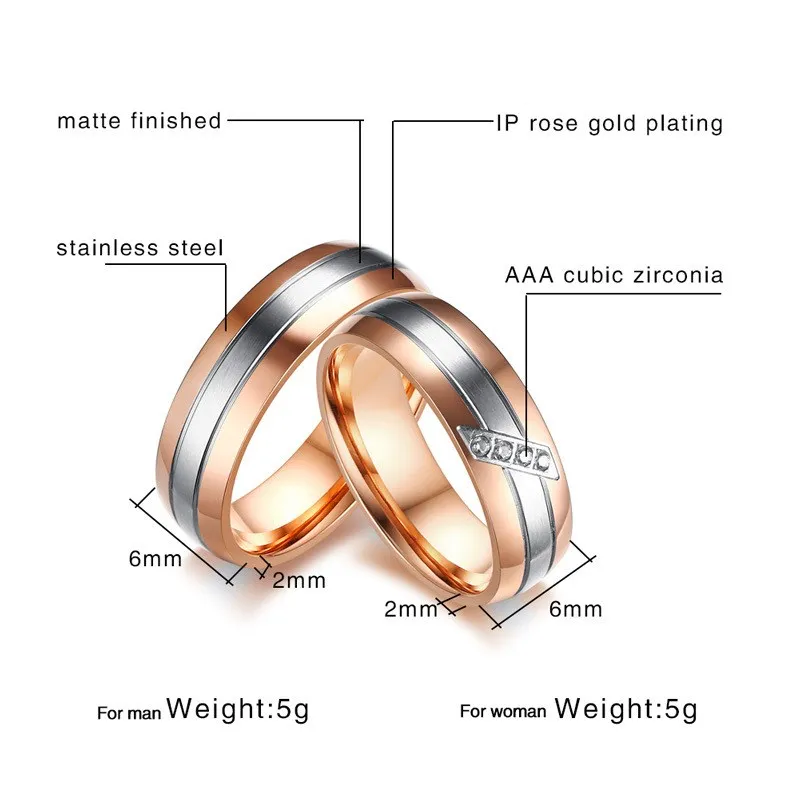 Rose Gold Color Wedding Rings for Men Women Stainless Steel Couple Ring with Zircons Stone Romantic Style Bridal Jewelry Bijoux
