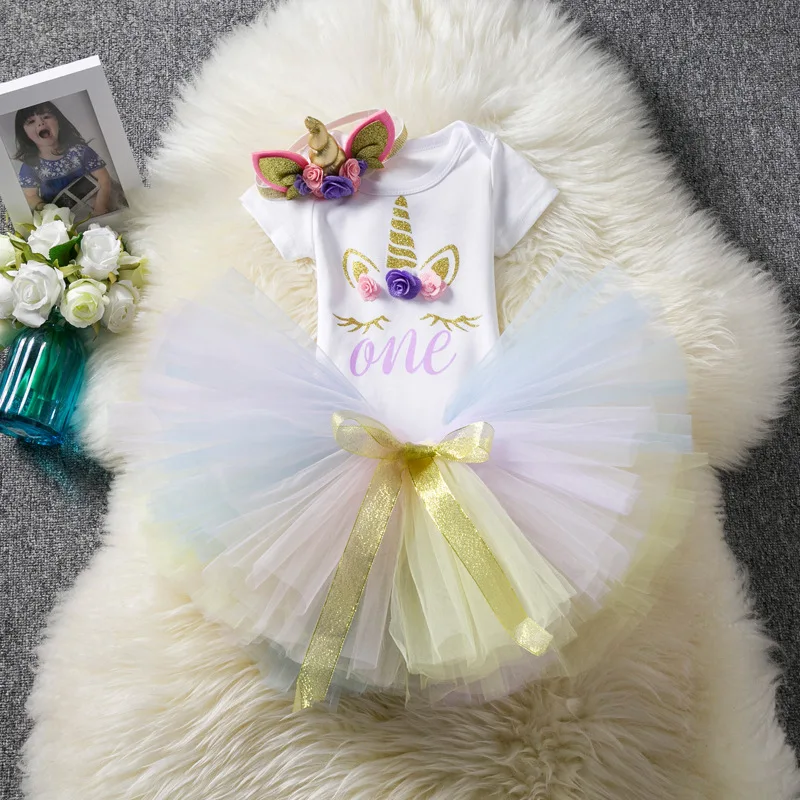 Детское платье для дня рождения для девочек 1 год комплекты одежды с единорогом детское платье-пачка+ боди+ повязка на голову, 3 предмета, реквизит для новорожденных