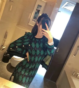 

2019 Spring High Quality Full Plaid Bandage Slim Knit Dress Sexy Women Night Club Body con O-Neck 2 Piece Dresses Set Wholesale