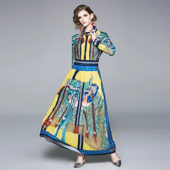 

2019 New Style Women Vintage Print Lapel Long Sleeve Versitile Fashion Ankle Length Dress Summer Spring 50s Sundress Vestido