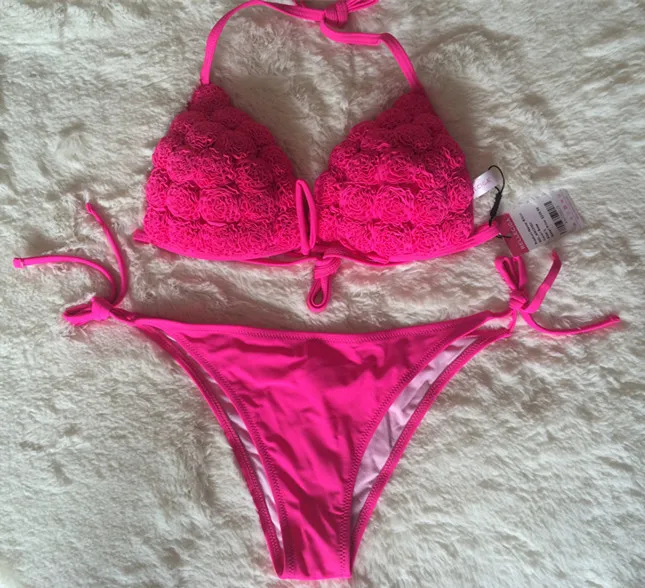 

2019 New WomenSwimsuit Two -Pieces Swimwear Flower on Cup Beachwear Triangle halter Swim Suit Bathing Suit