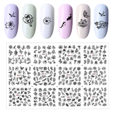 12 видов дизайн ногтей черная наклейка переноса воды Стикеры татуировки фольга DIY цветок розы слайдер обертывания бумага для маникюра украшения Маникюр