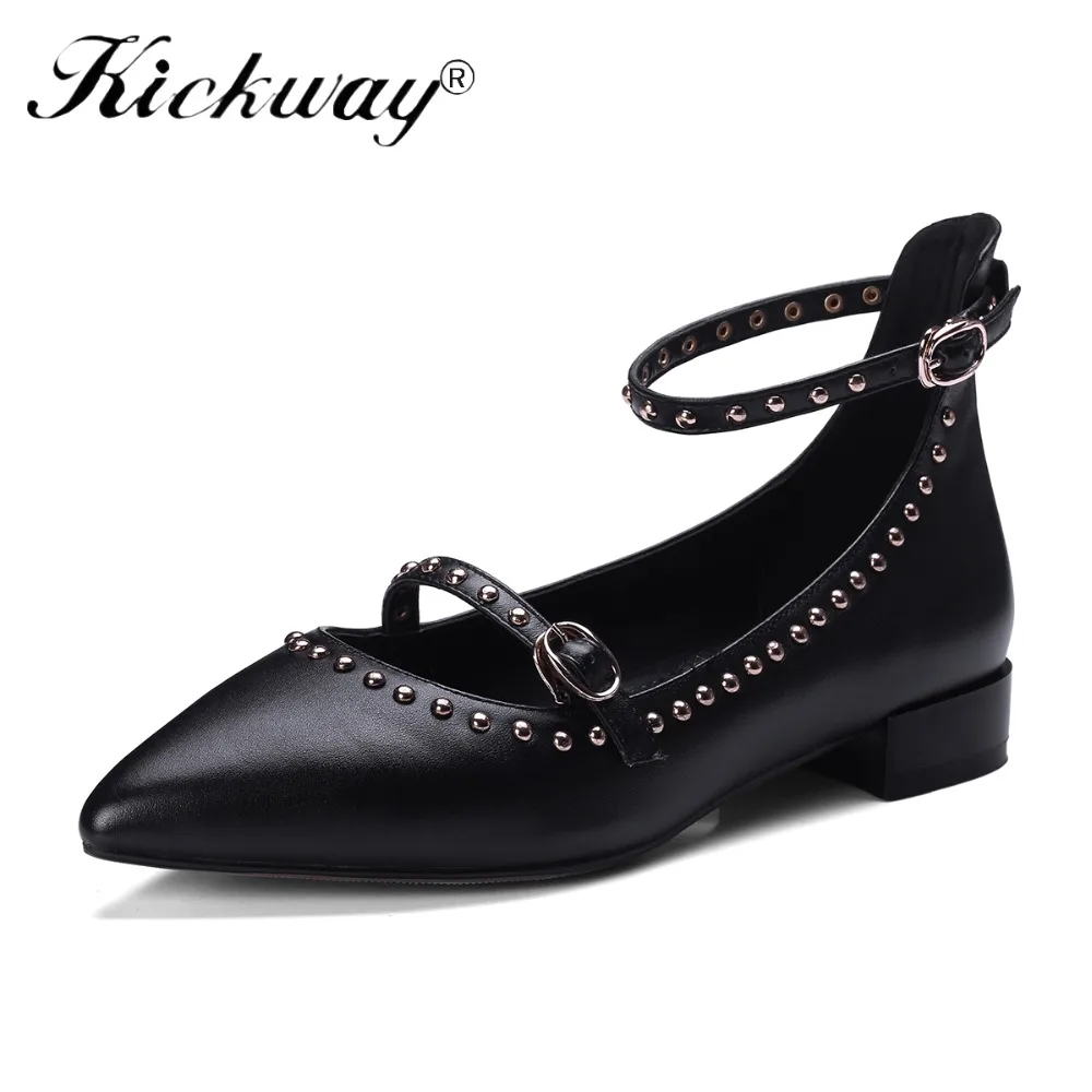 

Women Flat Shoes Rivet Pointed Toe Buckle Strap Flat Shoes Black Pink Genuine Leather Shoes Women Loafers Flats Moccasin 34-39