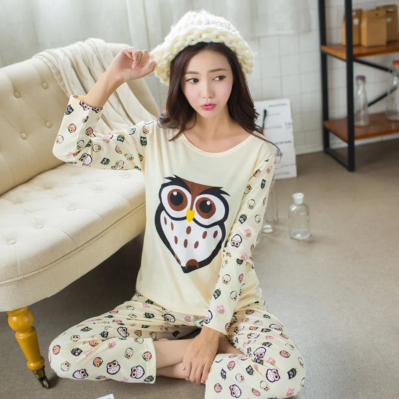 Free Shipping 2016 Women Sleepwear Pajamas Long Sleeve Pajama Sets Cute
