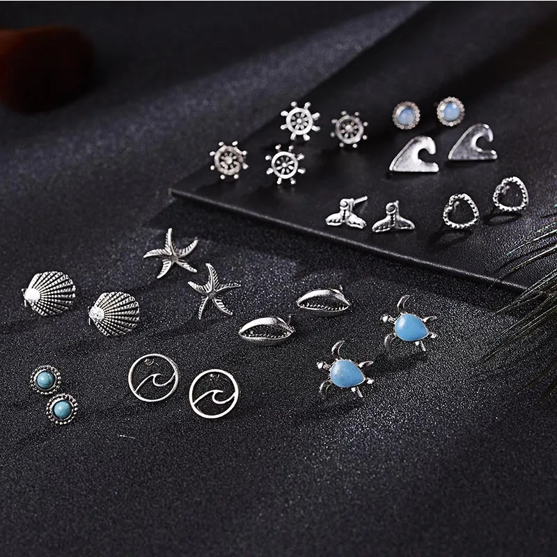 

Bohemian Various Earrings Set Moon Stars Round Earrings Sea Stars Ear Ornaments Leaf Feather Earrings Women's Set