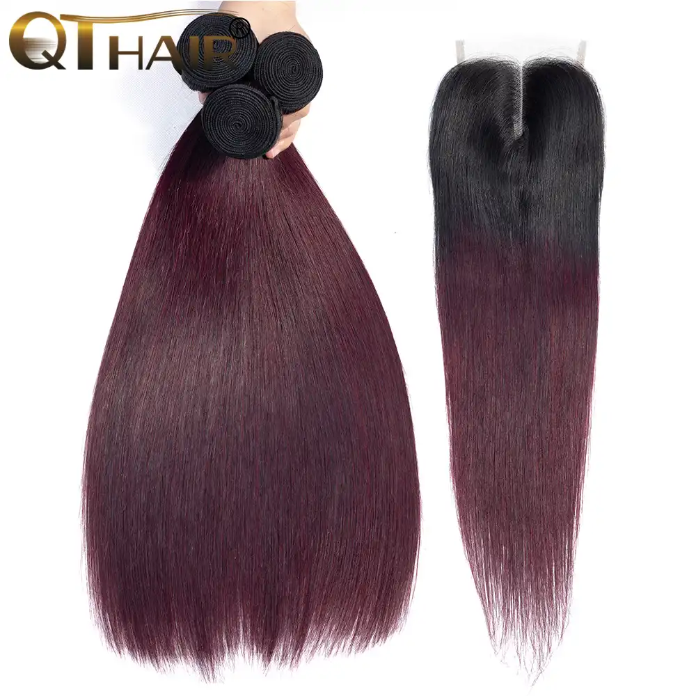 Ombre Hair 3 Bundles With Closure Qt Professional 1b 99j Burgundy