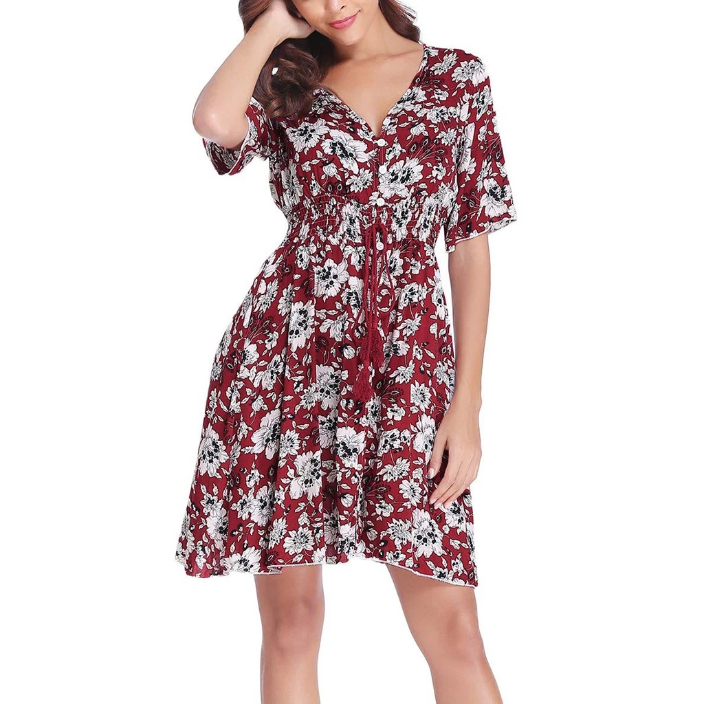 apenas aprobar esposa Vestido Mujer verano 2019 vestido moda mujer manga corta botón Up Split  Floral estampado floreado vestido de fiesta Y614|Vestidos| - AliExpress