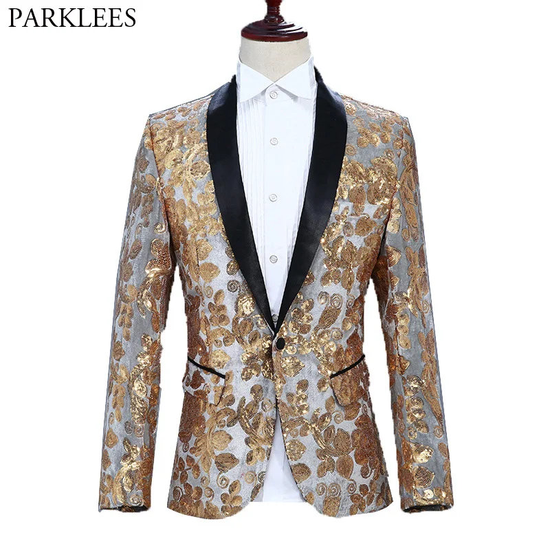 Shiny Gold Floral Sequin Velvet Blazer Men Brand Shawl Lapel One Button