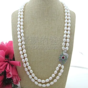 

N111504 30'' 2 Strands White Rice Pearl Necklace CZ Pendant