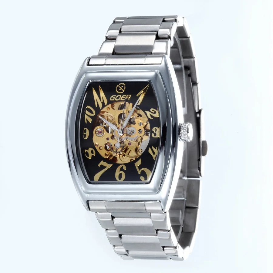 GOER brand Men s digital watches mechanical Automatic Square Tonneau Male stainless steel waterproof Movement Skeleton