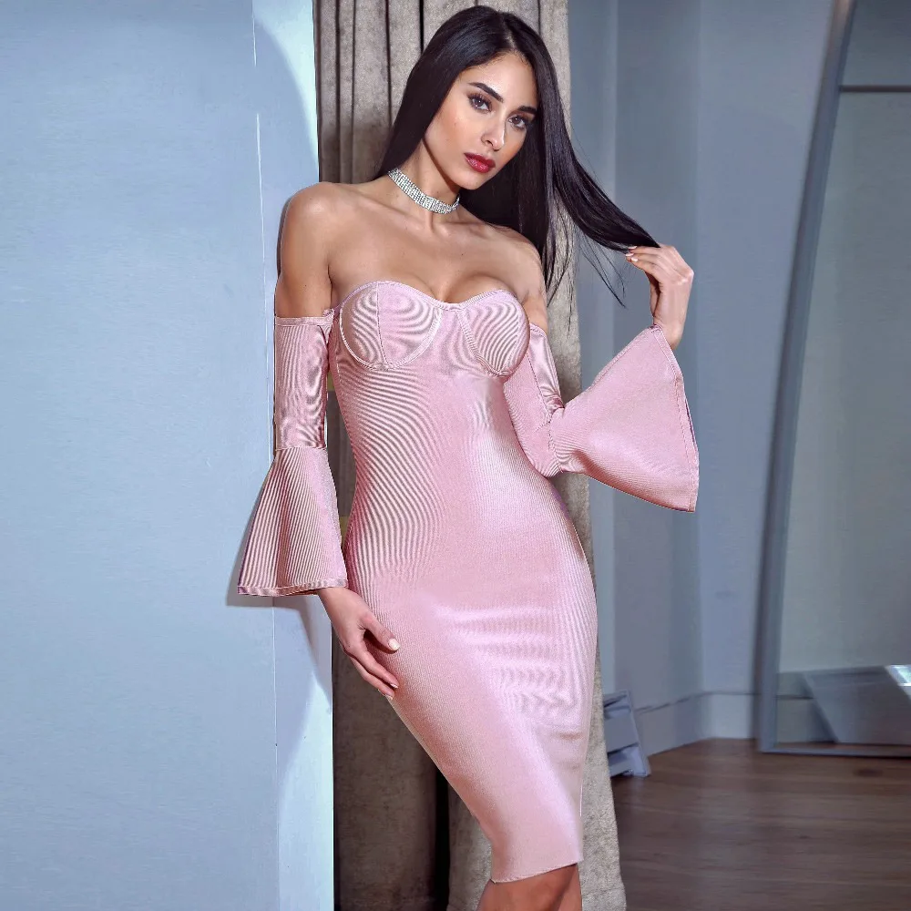 

Seamyla Bandage Dress 2019 New Fashion Strapless Celebrity Party Dresses Women Flare Sleeve Bodycon Sexy Clubwear Runway Vestido