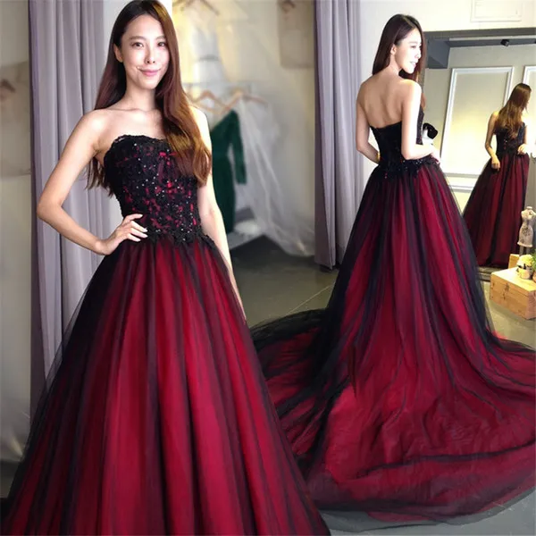 Gothic wedding dress with Color Sweetheart Lace Up Back Floor Length Long Black Burgundy robe de soiree vestido longo de festa