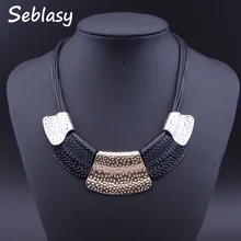 Seblasy геометрический Матовый сплав стимпанк ожерелья и подвески черный кожаный чокер с цепочкой массивные ожерелья для женщин Bijoux