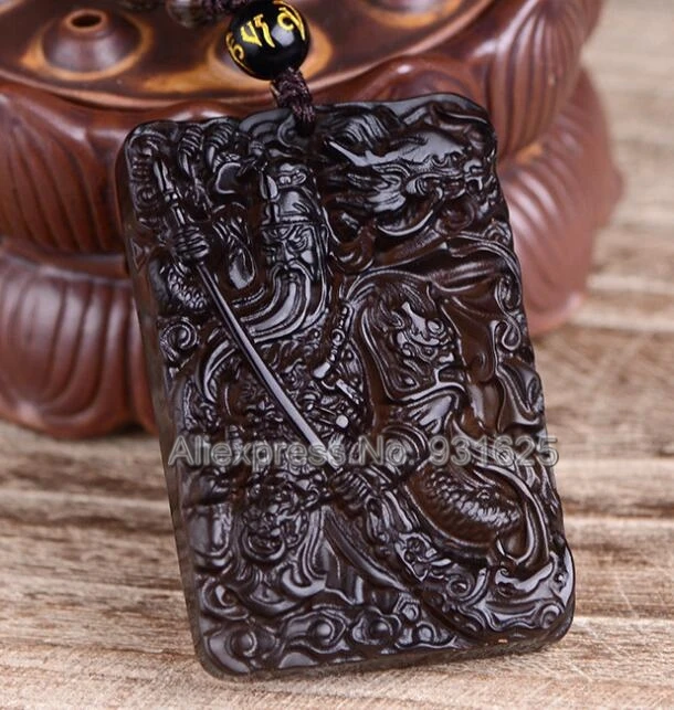 Chinese Handwork Natural Ice Clear Obsidian Carved Blessing GuanGong Amulet Lucky Pendant + Beads Necklace Fashion Jewelry | Украшения и