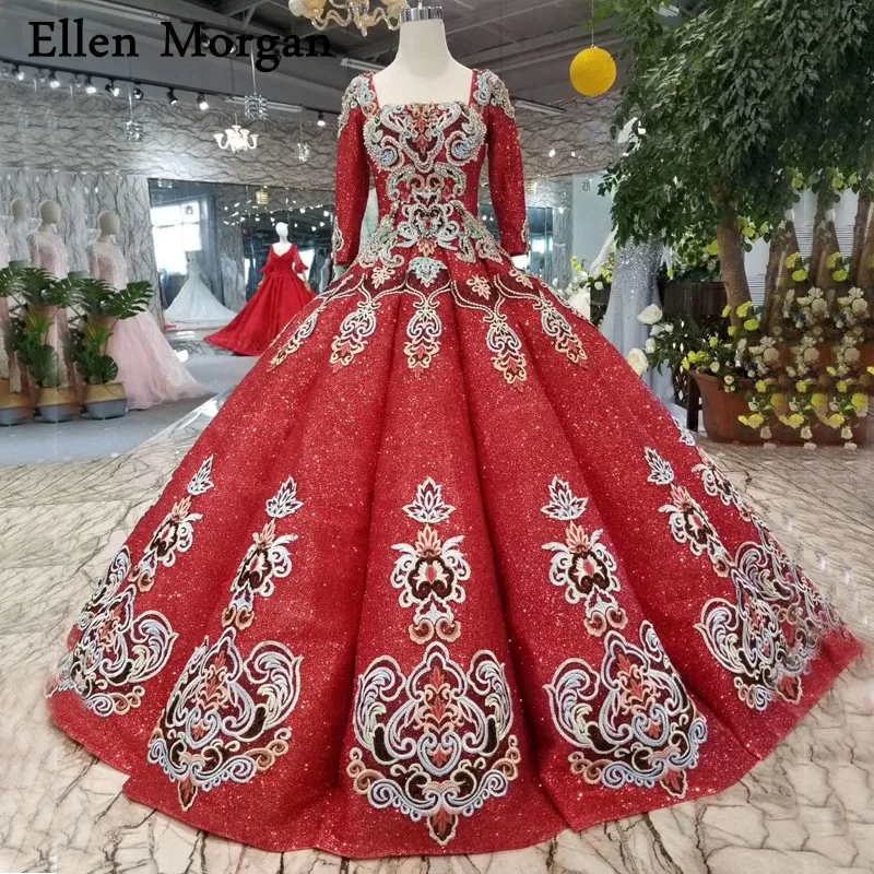 

Beautiful Glitter Burgundy Ball Gowns Wedding Dresses 2019 Lace 3/4 Long Sleeves Custom Made Real Photos Puffy Bridal Gowns