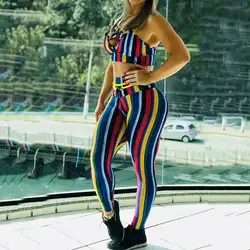 Красочные женские полосатые леггинсы с высокой талией брюки тонкие спортивные длинные брюки 2018