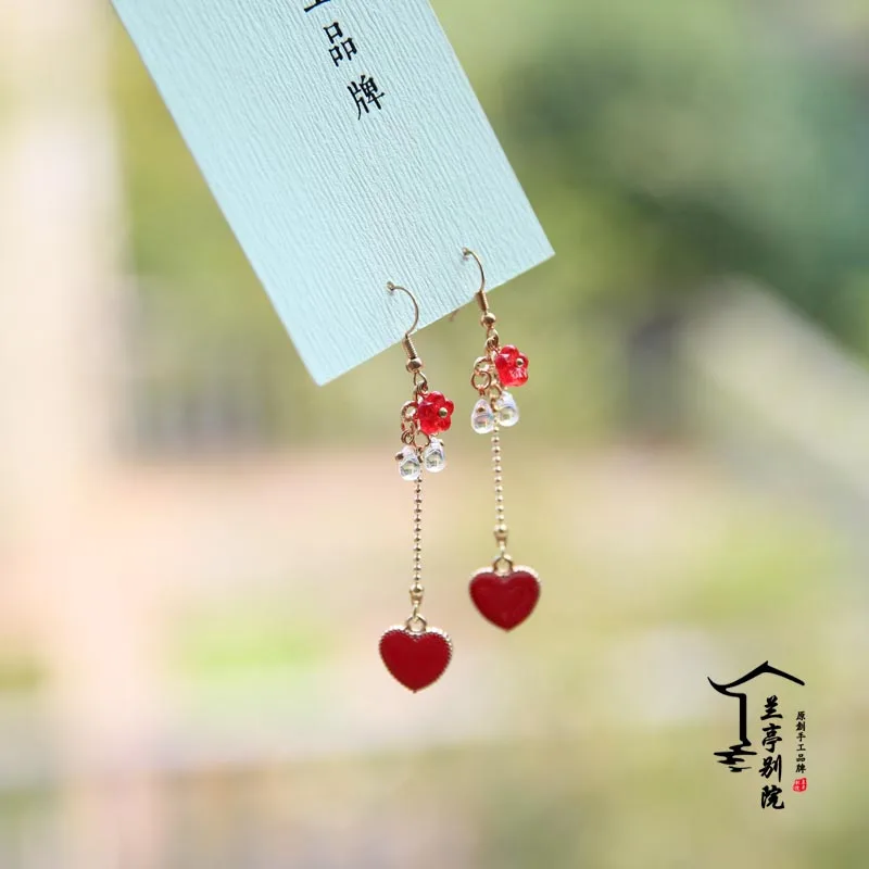 heart earrings Liu Huo,, синяя перегородчатая пара, заколки для волос, Hanfu Cos, аксессуары для волос, Hong Fu, длинные кисточки, палочки для волос, подходят ко всему, маленькая палочка - Цвет: heart earrings